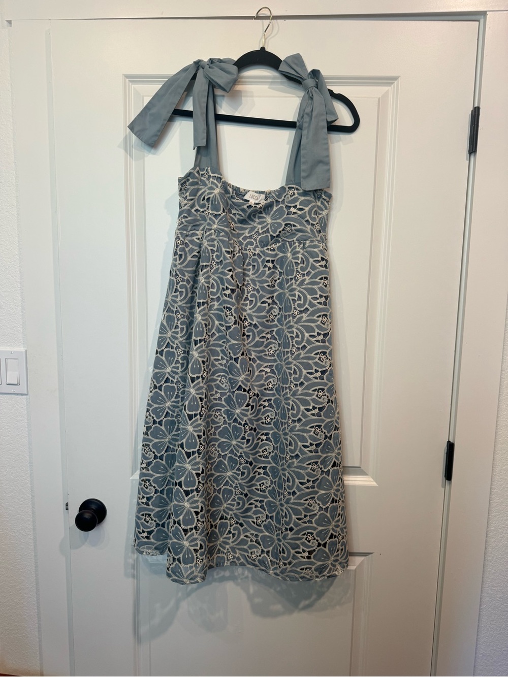 Sleeveless Slate Blue Floral Lace Midi Dress with Tie-Shoulder Straps